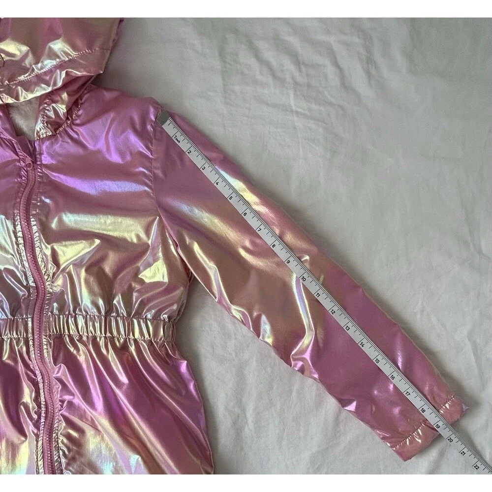 SHEIN Girls Shiny Pink Metallic Hooded Jacket, Size 10Y, Full Zip